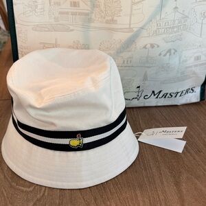 Tory Burch Masters White Bucket Hat with Black Stripe and Yellow Emblem Patch
